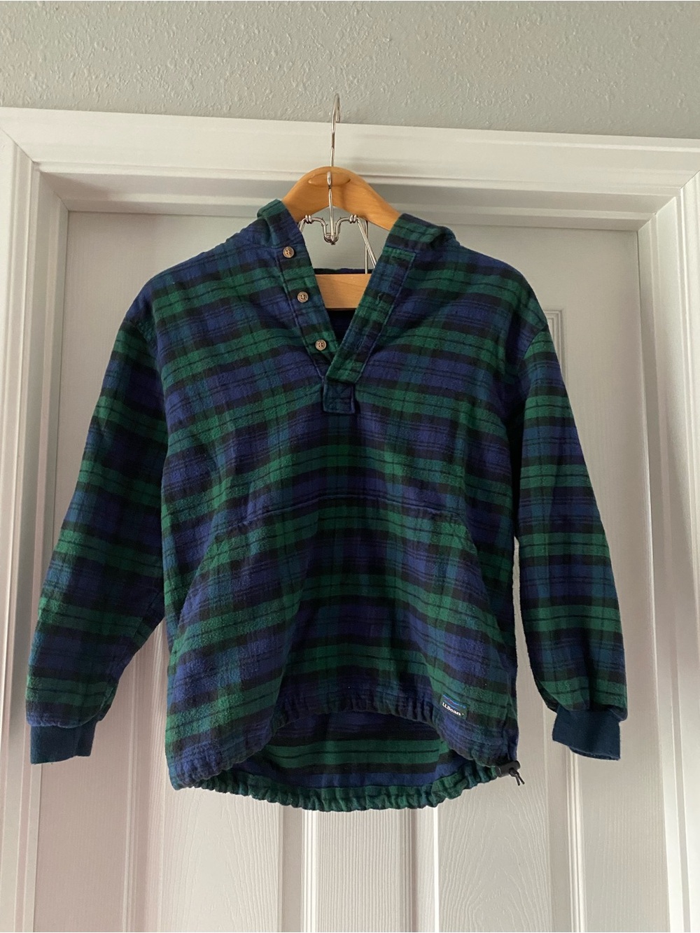 Vintage L.L. Bean Made in USA Blue and Green Plaid Flannel Shirt Hoodie